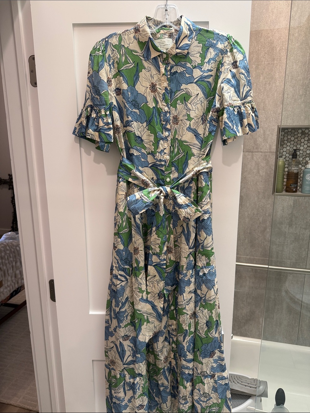 Button-Front Floral Maxi Dress with Tie Waist - Blue/Green